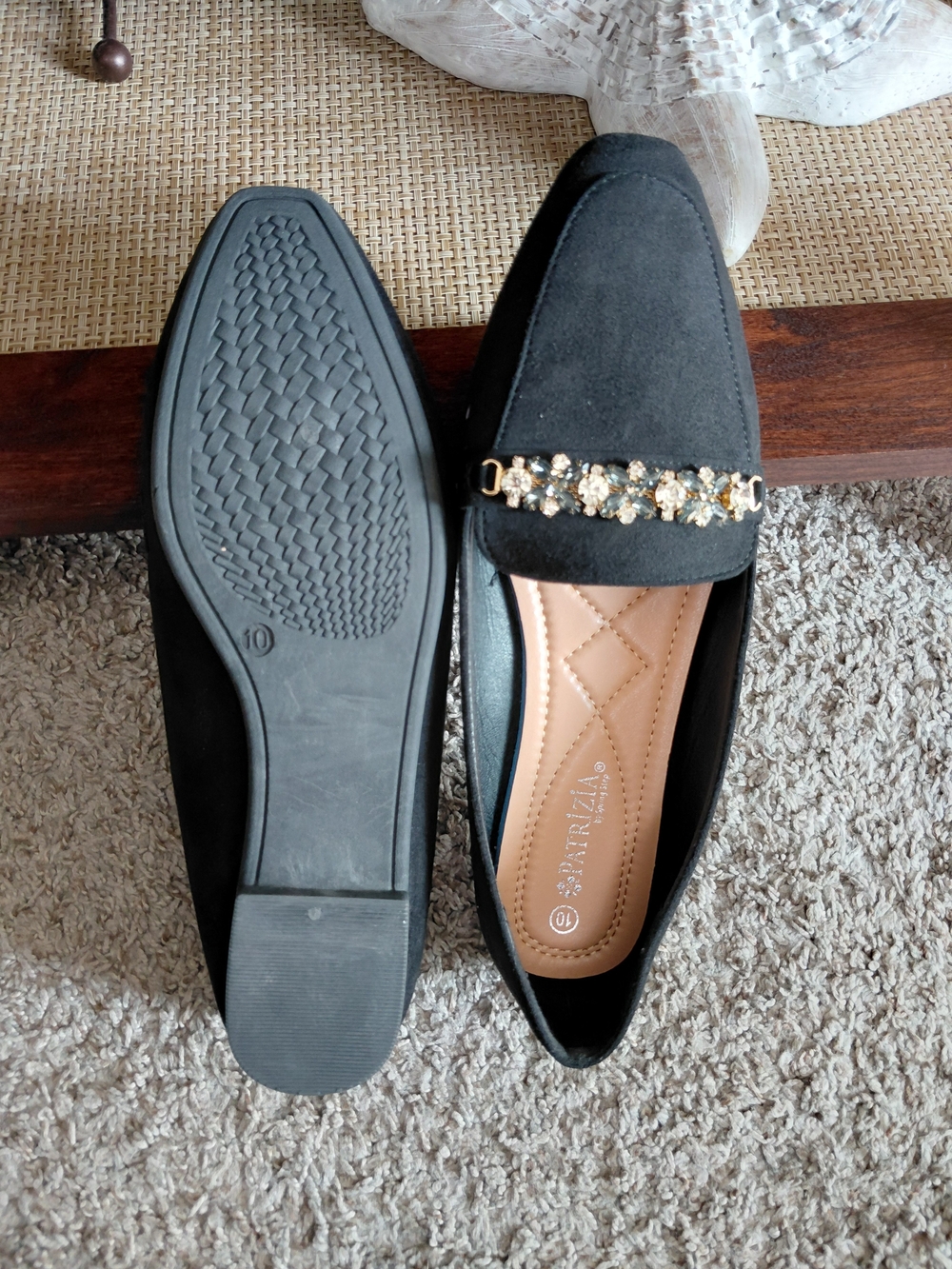 Patrizia Black Jeweled Suede-Look Loafers